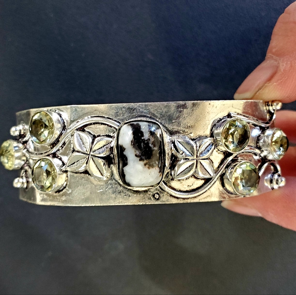 New Zebra Jasper and Citrine 925 Silver Cuff Bracelet.